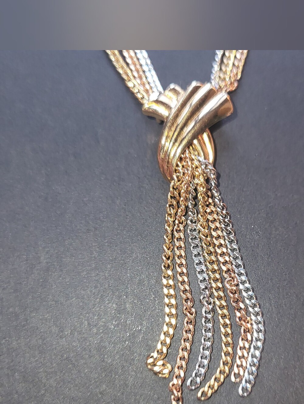 Vintage 1984 Avon tri-color chain tassel necklace gold silver knot accent